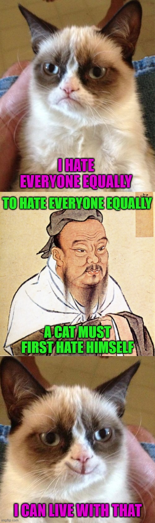 Be happy with who you are... |  I HATE EVERYONE EQUALLY; TO HATE EVERYONE EQUALLY; A CAT MUST FIRST HATE HIMSELF; I CAN LIVE WITH THAT | image tagged in memes,grumpy cat,confucius says,grumpy cat smiling,funny | made w/ Imgflip meme maker