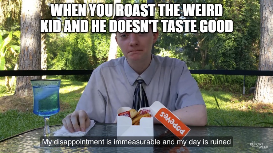 bruh | WHEN YOU ROAST THE WEIRD KID AND HE DOESN'T TASTE GOOD | image tagged in my disappointment is immeasurable and my day is ruined | made w/ Imgflip meme maker