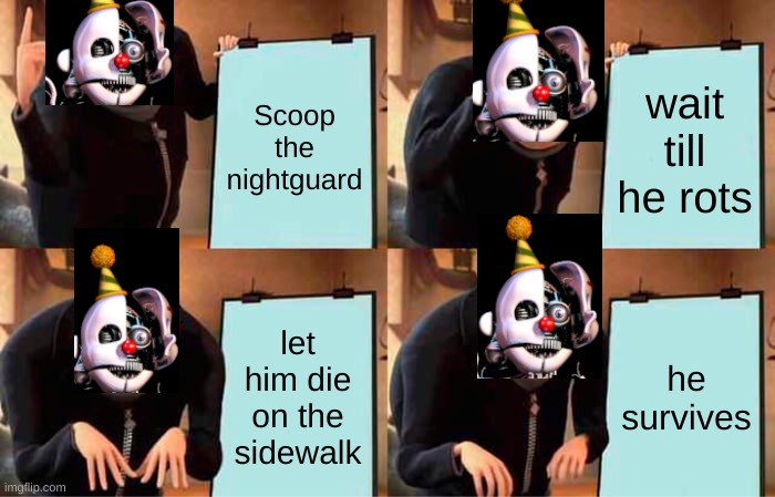 THis was before he liked mike btw | Scoop the nightguard; wait till he rots; let him die on the sidewalk; he survives | image tagged in memes,gru's plan | made w/ Imgflip meme maker