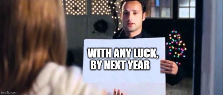 love actually sign | WITH ANY LUCK,
       BY NEXT YEAR | image tagged in love actually sign | made w/ Imgflip meme maker