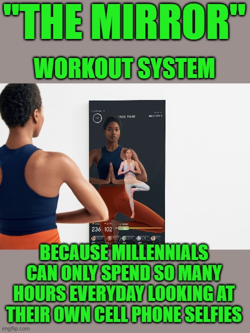 yep | WORKOUT SYSTEM; "THE MIRROR"; BECAUSE MILLENNIALS CAN ONLY SPEND SO MANY HOURS EVERYDAY LOOKING AT THEIR OWN CELL PHONE SELFIES | image tagged in democrats | made w/ Imgflip meme maker