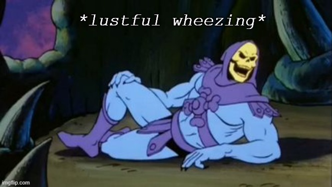 Sexy Skeletor | *lustful wheezing* | image tagged in sexy skeletor | made w/ Imgflip meme maker