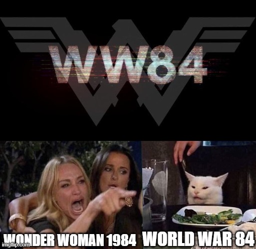 wait, than wut happened 2 the other 82 | WORLD WAR 84; WONDER WOMAN 1984 | image tagged in woman yelling at cat,world war z meme,world war c,wonder woman | made w/ Imgflip meme maker
