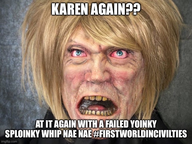 Aww man Karen that’s bad! | KAREN AGAIN?? AT IT AGAIN WITH A FAILED YOINKY SPLOINKY WHIP NAE NAE #FIRSTWORLDINCIVILTIES | image tagged in karen | made w/ Imgflip meme maker