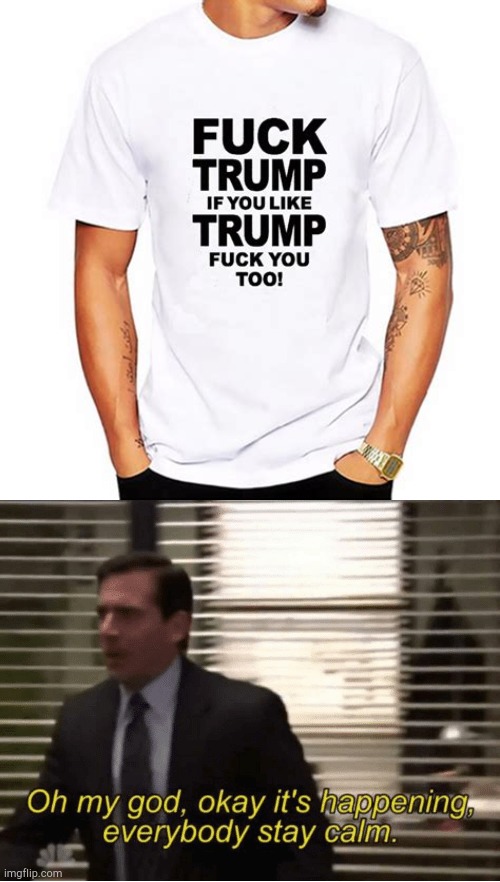 I agree with the shirt | image tagged in donald trump,oh my god okay it's happening everybody stay calm,funny,agreed | made w/ Imgflip meme maker