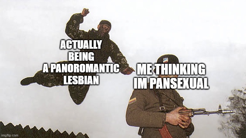 I'm either a panromantic lesbian, or a panromantic bisexual. | ACTUALLY BEING A PANOROMANTIC LESBIAN; ME THINKING IM PANSEXUAL | image tagged in soldier jump spetznaz,bisexual | made w/ Imgflip meme maker