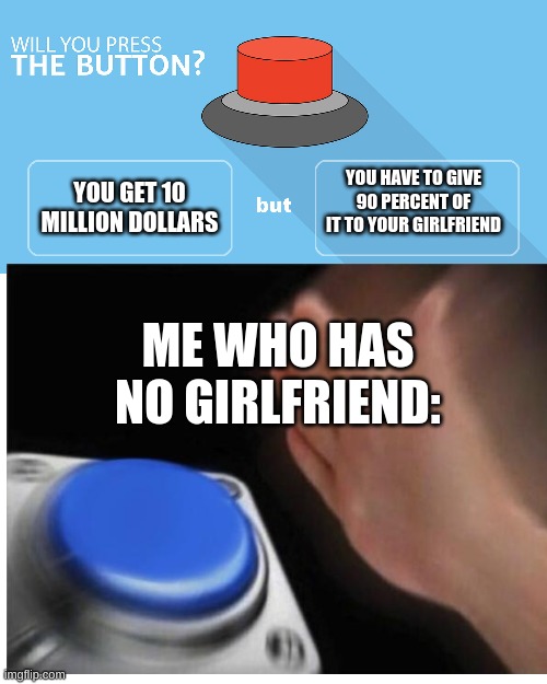 YOU GET 10 MILLION DOLLARS; YOU HAVE TO GIVE 90 PERCENT OF IT TO YOUR GIRLFRIEND; ME WHO HAS NO GIRLFRIEND: | image tagged in would you press the button,blank white template | made w/ Imgflip meme maker