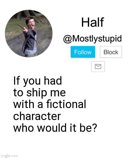 Mostlystupid template | If you had to ship me with a fictional character who would it be? | image tagged in mostlystupid template | made w/ Imgflip meme maker