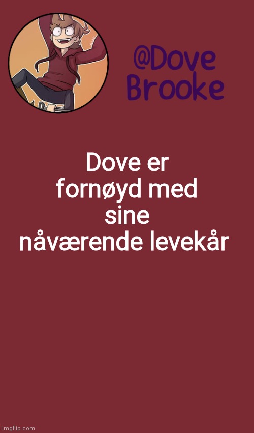 Random b.s in Bökmal | Dove er fornøyd med sine nåværende levekår | image tagged in dove's new announcement template | made w/ Imgflip meme maker