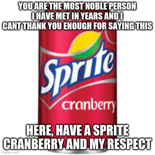 Sprite cranberry | YOU ARE THE MOST NOBLE PERSON I HAVE MET IN YEARS AND I CANT THANK YOU ENOUGH FOR SAYING THIS HERE, HAVE A SPRITE CRANBERRY AND MY RESPECT | image tagged in sprite cranberry | made w/ Imgflip meme maker