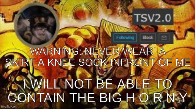 consider the following, unless your looking to get dominated | WARNING: NEVER WEAR  A SKIRT A KNEE SOCK INFRONT OF ME; I WILL NOT BE ABLE TO CONTAIN THE BIG H O R N Y | image tagged in tsv2 0 anouncement,this anouncement is for the females | made w/ Imgflip meme maker