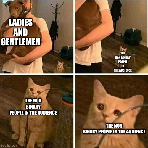 This happens to me when I watch YouTube |  LADIES AND GENTLEMEN; THE NON BINARY PEOPLE IN THE AUDIENCE; THE NON BINARY PEOPLE IN THE AUDIENCE; THE NON BINARY PEOPLE IN THE AUDIENCE | image tagged in sad cat holding dog,non binary,ladies and gentlemen,lgbtq | made w/ Imgflip meme maker