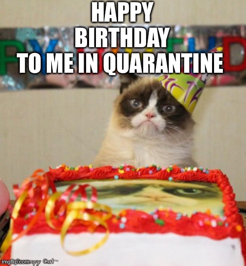 Grumpy Cat Birthday | HAPPY BIRTHDAY TO ME IN QUARANTINE | image tagged in memes,grumpy cat birthday,grumpy cat | made w/ Imgflip meme maker