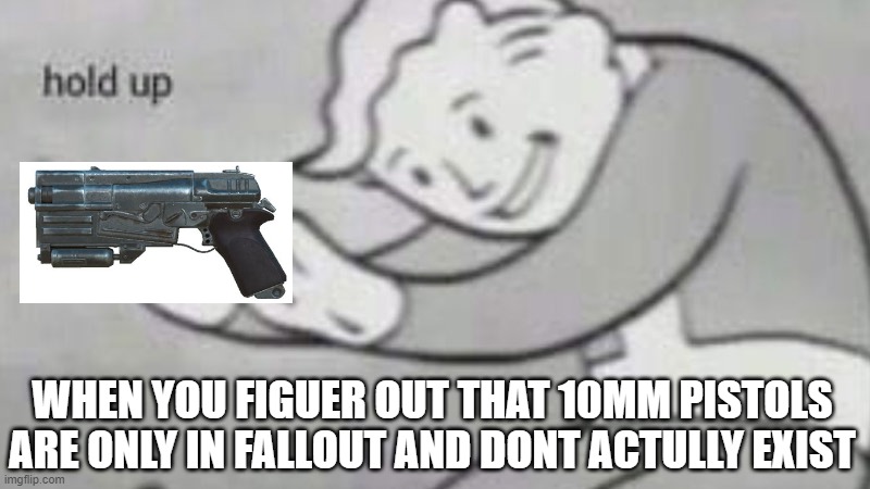 hold up | WHEN YOU FIGUER OUT THAT 10MM PISTOLS ARE ONLY IN FALLOUT AND DONT ACTULLY EXIST | image tagged in hold up | made w/ Imgflip meme maker
