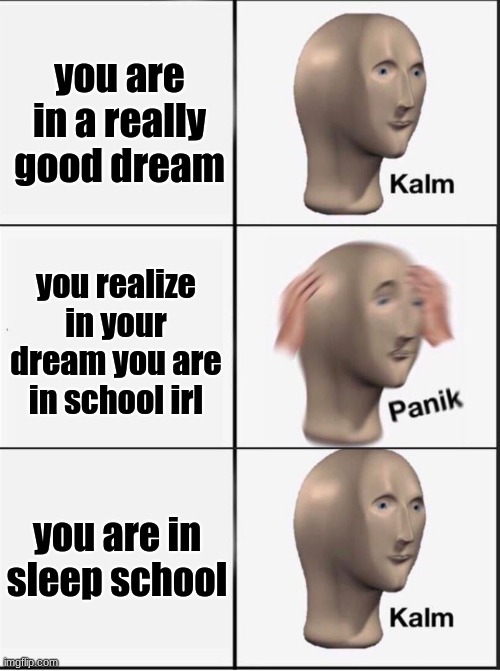 Reverse kalm panik | you are in a really good dream; you realize in your dream you are in school irl; you are in sleep school | image tagged in reverse kalm panik | made w/ Imgflip meme maker
