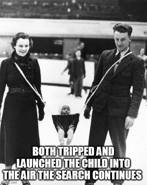 skates | BOTH TRIPPED AND LAUNCHED THE CHILD INTO THE AIR THE SEARCH CONTINUES | image tagged in skates | made w/ Imgflip meme maker