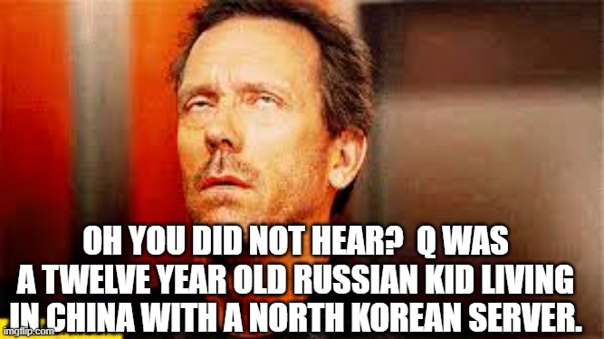 eyeroll | OH YOU DID NOT HEAR?  Q WAS A TWELVE YEAR OLD RUSSIAN KID LIVING IN CHINA WITH A NORTH KOREAN SERVER. | image tagged in eyeroll | made w/ Imgflip meme maker