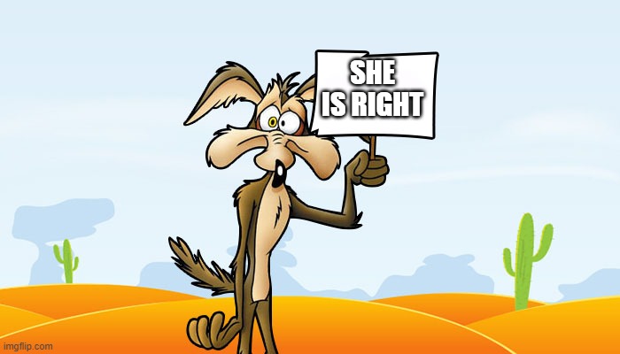 Wile E. Coyote Sign | SHE IS RIGHT | image tagged in wile e coyote sign | made w/ Imgflip meme maker