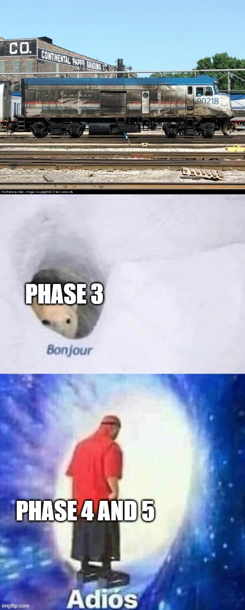 PHASE 3; PHASE 4 AND 5 | image tagged in bonjour,adios | made w/ Imgflip meme maker