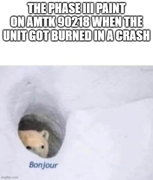Bonjour | THE PHASE III PAINT ON AMTK 90218 WHEN THE UNIT GOT BURNED IN A CRASH | image tagged in bonjour | made w/ Imgflip meme maker