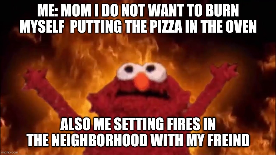Fire Elmo |  ME: MOM I DO NOT WANT TO BURN MYSELF  PUTTING THE PIZZA IN THE OVEN; ALSO ME SETTING FIRES IN THE NEIGHBORHOOD WITH MY FREIND | image tagged in fire elmo | made w/ Imgflip meme maker