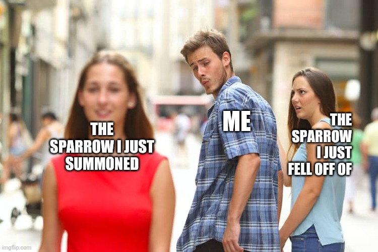 Destiny 2 |  THE SPARROW I JUST FELL OFF OF; THE SPARROW I JUST SUMMONED; ME | image tagged in memes,distracted boyfriend | made w/ Imgflip meme maker