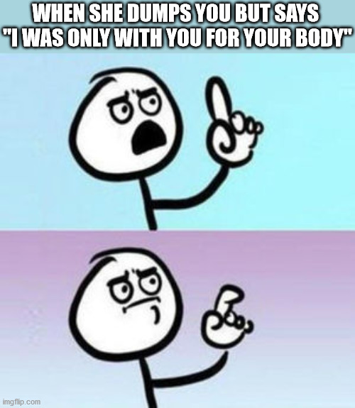 If a guy said this to a girl, she'd be in tears |  WHEN SHE DUMPS YOU BUT SAYS 
"I WAS ONLY WITH YOU FOR YOUR BODY" | image tagged in wait nevermind,breakup,double standards,handsome,boys vs girls | made w/ Imgflip meme maker