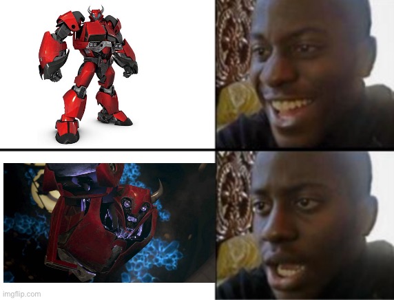 Poor Cliff. He deserves better. | image tagged in oh yeah oh no,cliffjumper,transformers,tfp,terrocon,transformers prime | made w/ Imgflip meme maker