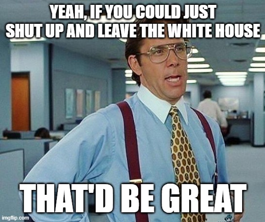Lumbergh | YEAH, IF YOU COULD JUST SHUT UP AND LEAVE THE WHITE HOUSE; THAT'D BE GREAT | image tagged in lumbergh,trump | made w/ Imgflip meme maker