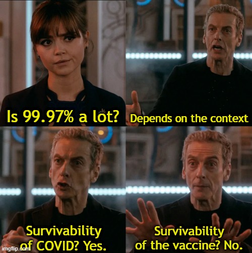Is Four A Lot | Is 99.97% a lot? Depends on the context; Survivability of COVID? Yes. Survivability of the vaccine? No. | image tagged in is four a lot,memes | made w/ Imgflip meme maker