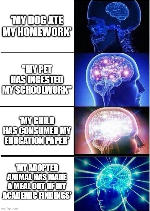 Expanding Brain | 'MY DOG ATE MY HOMEWORK'; "MY PET HAS INGESTED MY SCHOOLWORK"; 'MY CHILD HAS CONSUMED MY EDUCATION PAPER'; 'MY ADOPTED ANIMAL HAS MADE A MEAL OUT OF MY ACADEMIC FINDINGS' | image tagged in memes,expanding brain | made w/ Imgflip meme maker