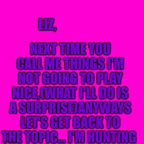 I'm hunting you liz | NEXT TIME YOU CALL ME THINGS I'M NOT GOING TO PLAY NICE,(WHAT I'LL DO IS A SURPRISE)ANYWAYS LET'S GET BACK TO THE TOPIC... I'M HUNTING; LIZ, | image tagged in fnaf,glitch | made w/ Imgflip meme maker