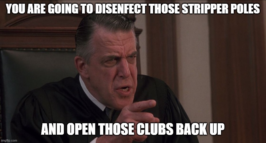 San Diego strip clubs can remain open during lockdown | YOU ARE GOING TO DISENFECT THOSE STRIPPER POLES; AND OPEN THOSE CLUBS BACK UP | image tagged in judge chamberlain haller,coronavirus,corona virus,coronavirus madness | made w/ Imgflip meme maker