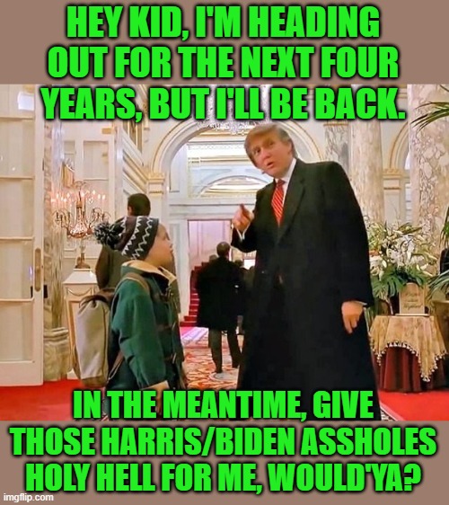 Trump Home Alone | HEY KID, I'M HEADING OUT FOR THE NEXT FOUR YEARS, BUT I'LL BE BACK. IN THE MEANTIME, GIVE THOSE HARRIS/BIDEN ASSHOLES HOLY HELL FOR ME, WOUL | image tagged in trump home alone | made w/ Imgflip meme maker