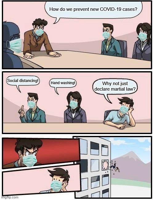 Can't we declare martial law? | How do we prevent new COVID-19 cases? Social distancing! Hand washing! Why not just declare martial law? | image tagged in memes,boardroom meeting suggestion,covid-19,funny,stop reading the tags,pie charts | made w/ Imgflip meme maker