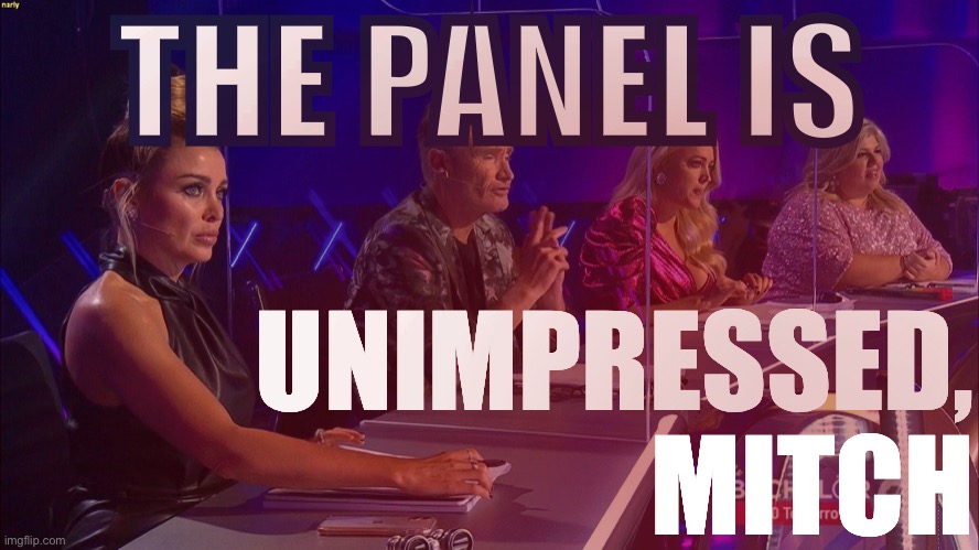 When they’re unimpressed with his Masked Singer routine. | THE PANEL IS UNIMPRESSED, MITCH | image tagged in dannii masked singer 7 | made w/ Imgflip meme maker