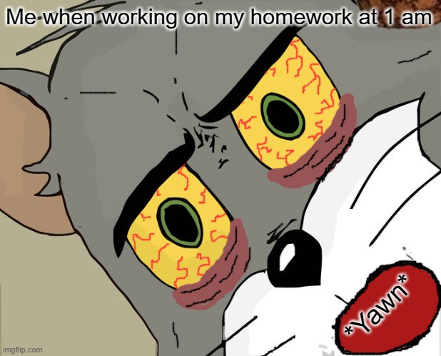 Unsettled Tom Meme | Me when working on my homework at 1 am; *Yawn* | image tagged in memes,unsettled tom | made w/ Imgflip meme maker
