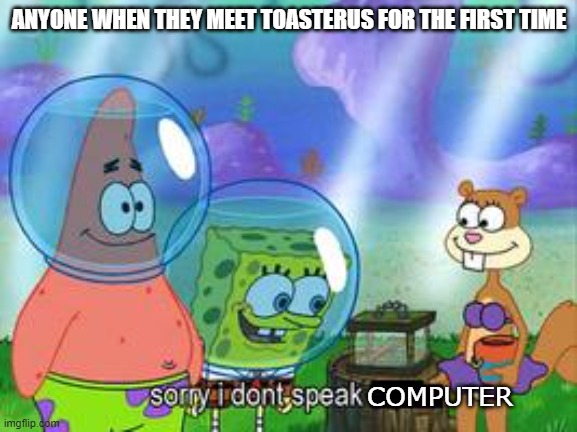 Sorry I don't speak ____ | ANYONE WHEN THEY MEET TOASTERUS FOR THE FIRST TIME; COMPUTER | image tagged in sorry i don't speak ____,oc | made w/ Imgflip meme maker