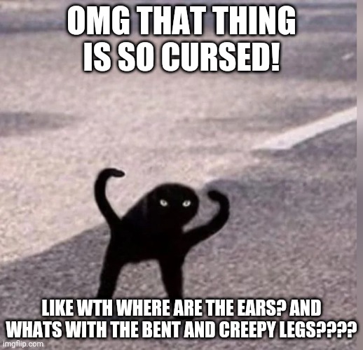 Scarwy ? | OMG THAT THING IS SO CURSED! LIKE WTH WHERE ARE THE EARS? AND WHATS WITH THE BENT AND CREEPY LEGS???? | image tagged in cursed cat | made w/ Imgflip meme maker