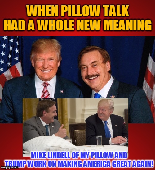 WHEN PILLOW TALK
HAD A WHOLE NEW MEANING; MIKE LINDELL OF MY PILLOW AND TRUMP WORK ON MAKING AMERICA GREAT AGAIN! | made w/ Imgflip meme maker