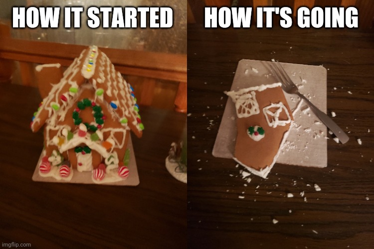 Gingerbread | HOW IT STARTED       HOW IT'S GOING | image tagged in holiday cheer | made w/ Imgflip meme maker