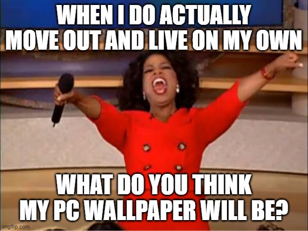Random question | WHEN I DO ACTUALLY MOVE OUT AND LIVE ON MY OWN; WHAT DO YOU THINK MY PC WALLPAPER WILL BE? | image tagged in memes,oprah you get a | made w/ Imgflip meme maker