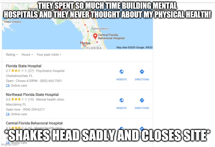 Florida mental hospitals | THEY SPENT SO MUCH TIME BUILDING MENTAL HOSPITALS AND THEY NEVER THOUGHT ABOUT MY PHYSICAL HEALTH! *SHAKES HEAD SADLY AND CLOSES SITE* | image tagged in florida mental hospitals | made w/ Imgflip meme maker