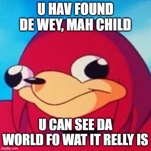 Ugandan Knuckles | U HAV FOUND DE WEY, MAH CHILD U CAN SEE DA WORLD FO WAT IT RELLY IS | image tagged in ugandan knuckles | made w/ Imgflip meme maker