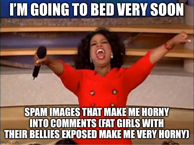 Oprah You Get A | I’M GOING TO BED VERY SOON; SPAM IMAGES THAT MAKE ME HORNY INTO COMMENTS (FAT GIRLS WITH THEIR BELLIES EXPOSED MAKE ME VERY HORNY) | image tagged in memes,oprah you get a | made w/ Imgflip meme maker
