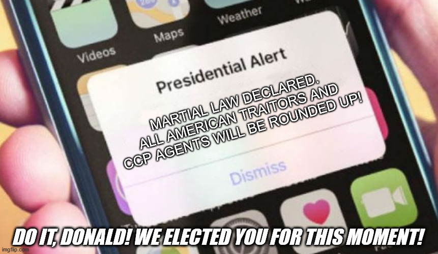 Declare War on China, Invoke The Insurrection Act, SAVE AMERICA! | MARTIAL LAW DECLARED. ALL AMERICAN TRAITORS AND CCP AGENTS WILL BE ROUNDED UP! DO IT, DONALD! WE ELECTED YOU FOR THIS MOMENT! | image tagged in memes,presidential alert,trump,war,china | made w/ Imgflip meme maker
