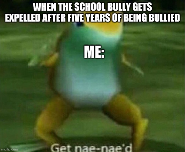 Get nae-nae'd | WHEN THE SCHOOL BULLY GETS EXPELLED AFTER FIVE YEARS OF BEING BULLIED; ME: | image tagged in get nae-nae'd | made w/ Imgflip meme maker