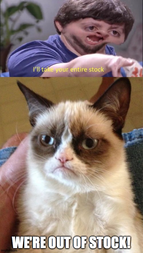 WE'RE OUT OF STOCK! | image tagged in i'll take your entire stock,memes,grumpy cat | made w/ Imgflip meme maker