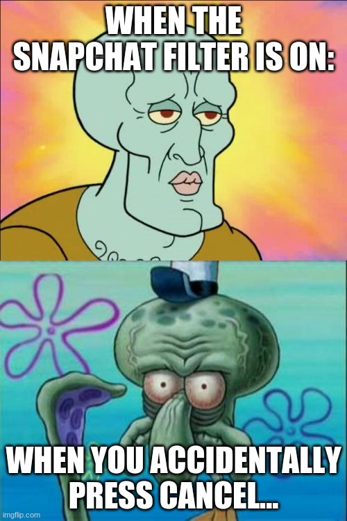 hmmm.... | WHEN THE SNAPCHAT FILTER IS ON:; WHEN YOU ACCIDENTALLY PRESS CANCEL... | image tagged in memes,squidward,ugly | made w/ Imgflip meme maker