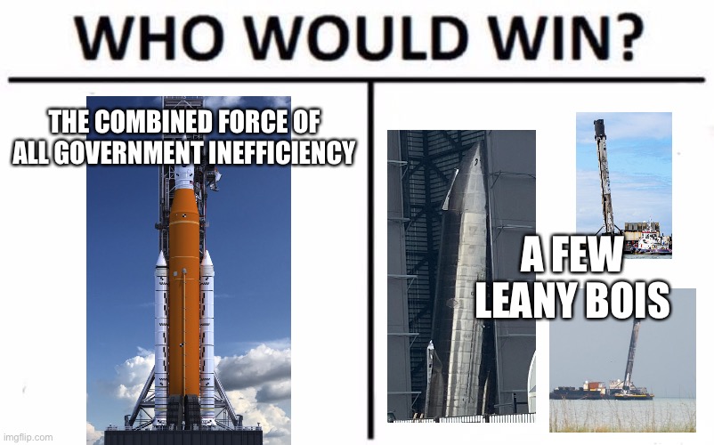 Who Would Win? Meme | THE COMBINED FORCE OF ALL GOVERNMENT INEFFICIENCY; A FEW LEANY BOIS | image tagged in memes,who would win | made w/ Imgflip meme maker